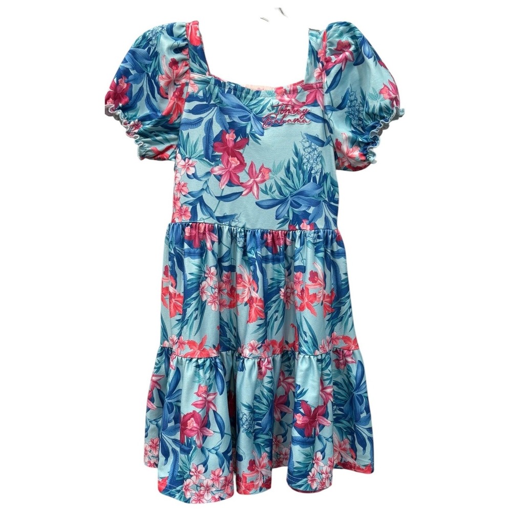 Tommy Bahama Dress Girls 4T Floral Tropical Puff Sleeve Tiered Summer Blue Pink